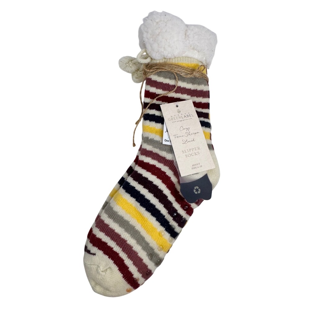 Quagga Green Label Faux Sherpa Lined Slipper Socks Striped Adult Sz 6-10 Comfy‎